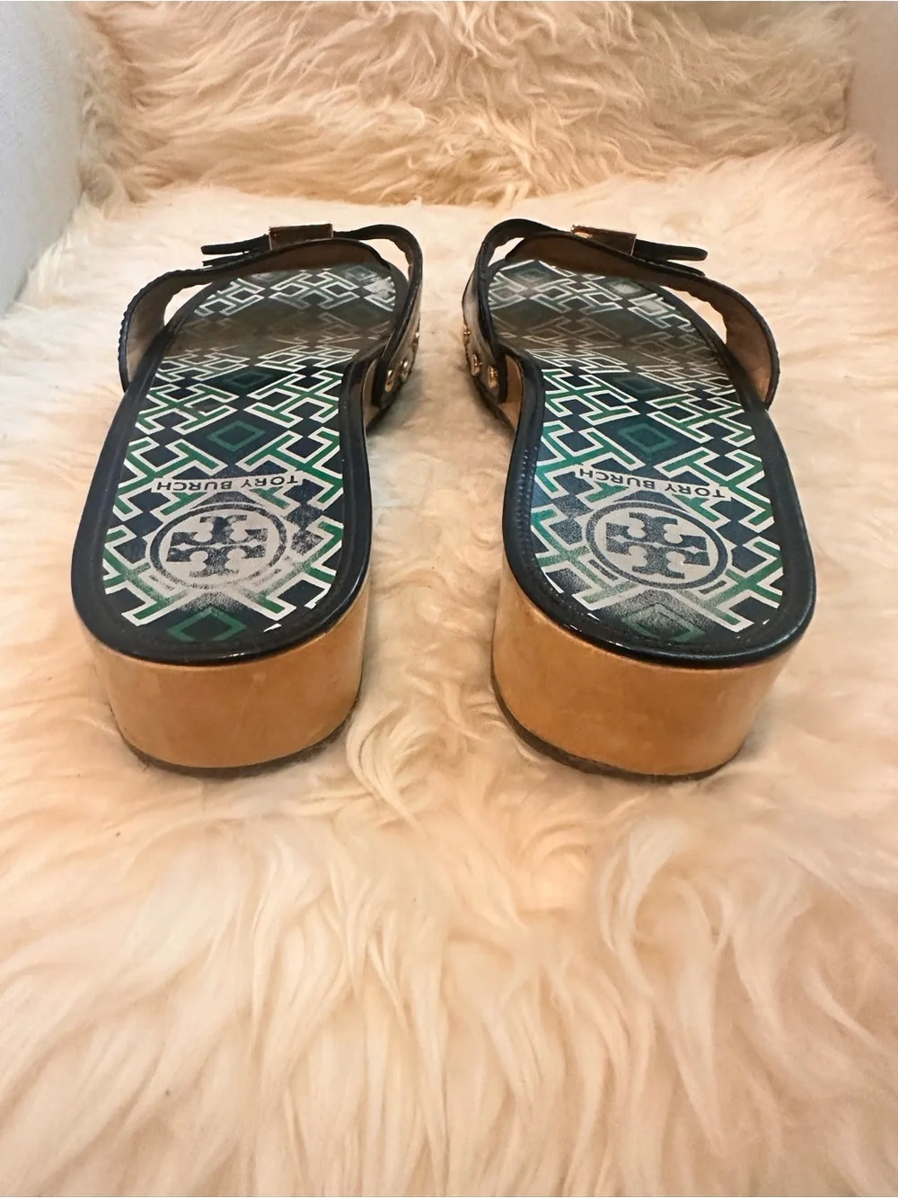 Tory Burch Navy and Green Platform Slide Sandals by Tory Burch
